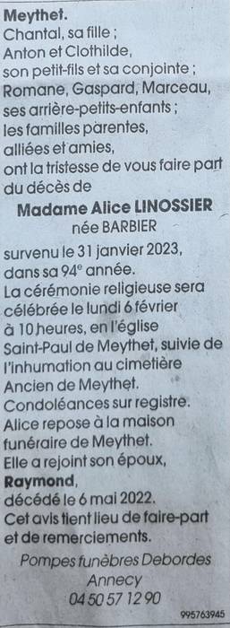 Hommage à Alice LINOSSIER
